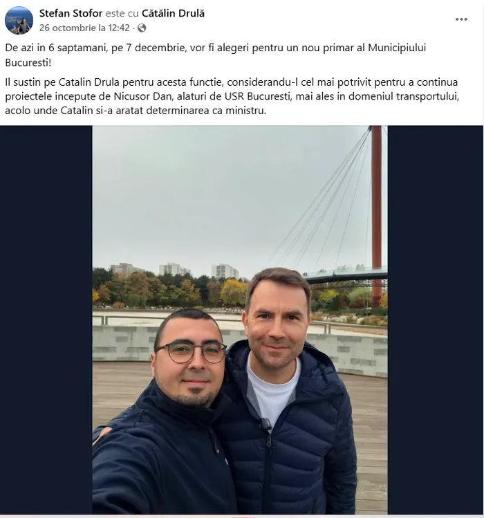 Ștefan Stofor își manifestă susținerea față de Cătălin Drulă, în cursa pentru primăria Capitalei Foto: Facebook