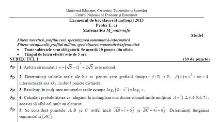 SUBIECTE BAC 2013 MATEMATICĂ M1. Ce subiecte au primit azi elevii de la MATEMATICĂ - INFORMATICĂ: matrici, polinoame și ecuații