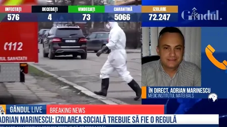 GÂNDUL LIVE. Adrian Marinescu, medic la „Matei Balș”: Izolare completă, 24 de ore din 24! / Testările se fac la scară mai largă