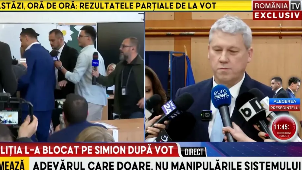 Postul TV care a oprit declarațiile candidatului AUR în favoarea premierului interimar. Simion și Georgescu, SCOȘI cu poliția din secția de vot