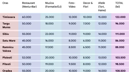 Tabel nunți 2026 | Cât te costă să organizezi o nuntă cu 100 de invitați, în România. Am făcut calculul complet, în funcție de oraș
