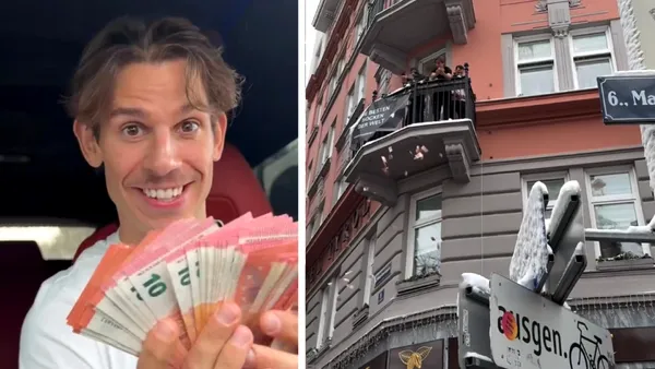 Scene incredibile în centrul Vienei. Momentul în care un celebru influencer a aruncat 10.000 euro de la balcon peste o mulțime de oameni