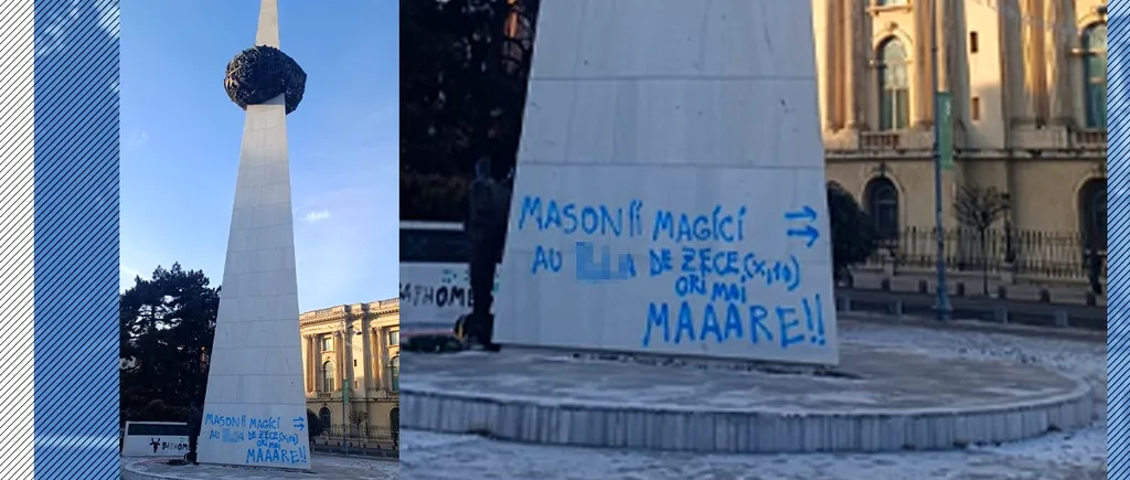 Celebrul monument „Măslină-n scobitoare” de pe Calea Victoriei a fost VANDALIZAT. Ce mesaj a scris „artistul stradal” / Poliția l-a identificat