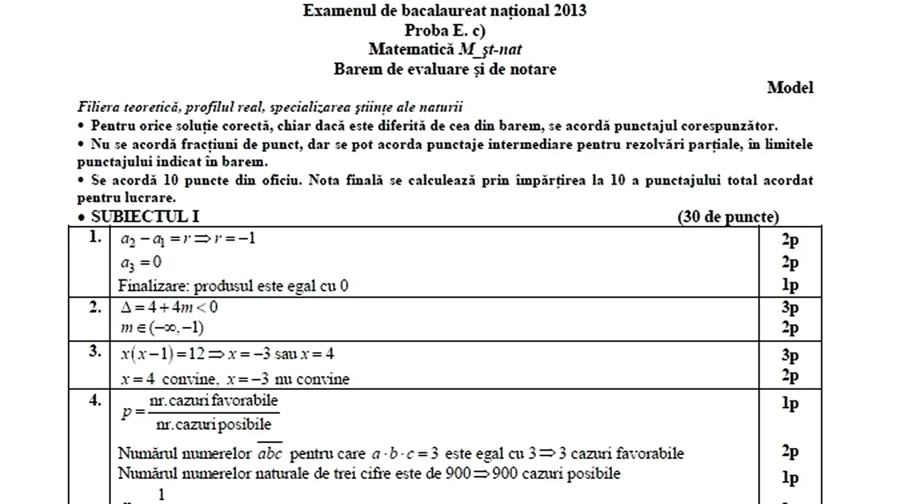 BAREM MATEMATICĂ la BACALAUREAT 2013. Ce note primesc elevii de la ȘTIINȚELE NATURII