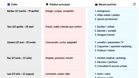 Tabel zodii | Care sunt cele 3 meserii care ți se potrivesc, în funcție de semnul tău zodiacal