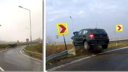 Incident neobișnuit pe Autostrada Vestului. Un șofer a rămas cu mașina suspendată pe un parapet