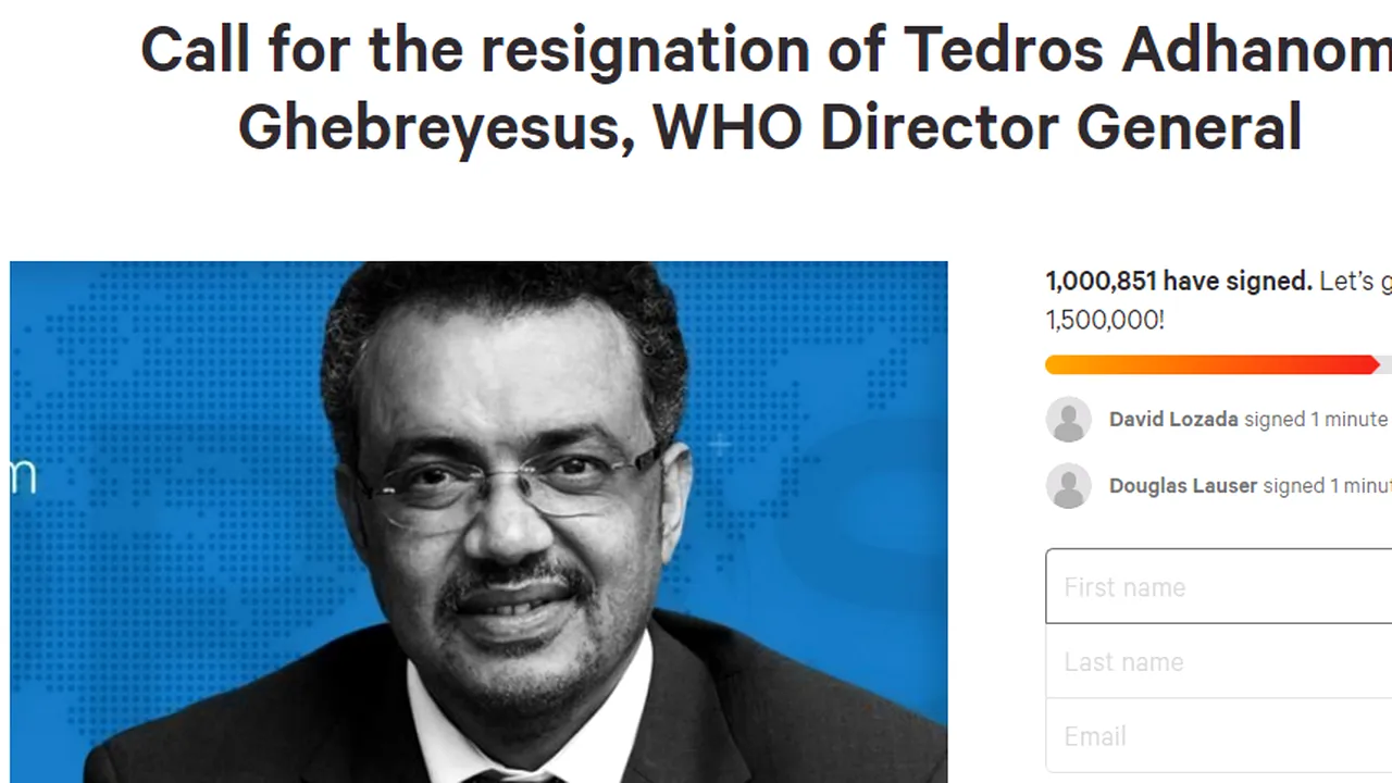 PETIȚIE. 1 milion de semnături pentru demiterea directorului general al OMS