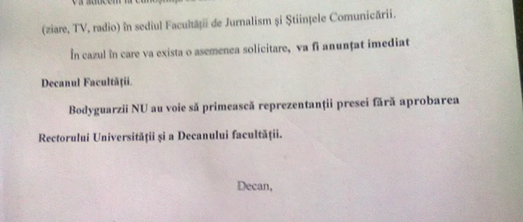 Jurnaliștii au „strict interzis în Facultatea de Jurnalism. Cum explică decanul FJSC anunțul de mai jos