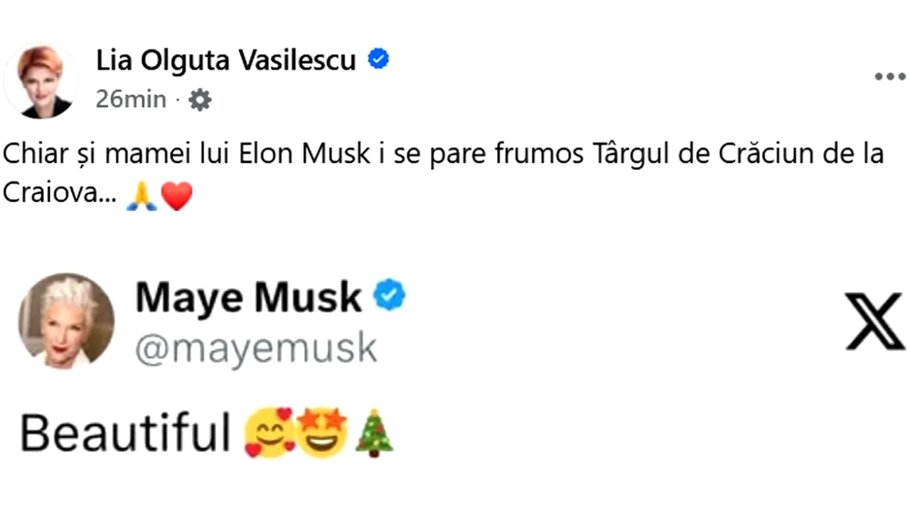 Mama lui Elon Musk a reacționat la o postare cu Târgul de Crăciun din Craiova: „Frumos”