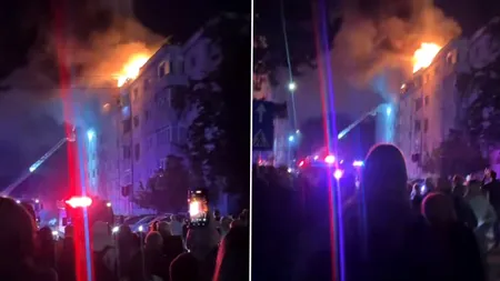 Incendiu puternic la acoperișul unui bloc din Suceava. Pompierii intervin cu cinci autospeciale de stingere