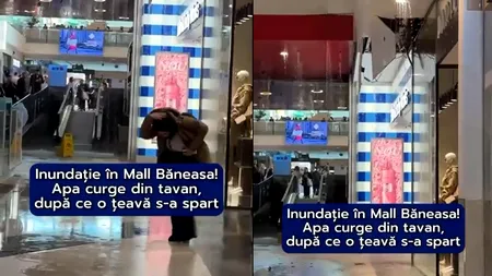 VIDEO | INUNDAȚIE în mall Băneasa. Apa curge șuvoaie prin acoperiș, din cauza unei țevi sparte: 