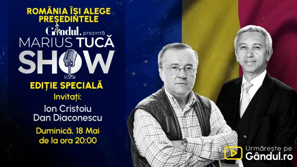Gândul prezintă Marius Tucă Show – Ediție Specială, duminică, 18 mai, de la ora 20.00, live pe Gândul. România își alege președintele!