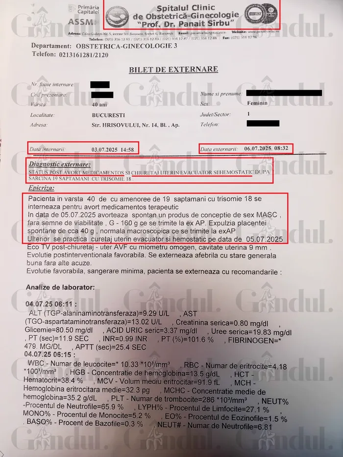 Biletul de externare de la Spitalul 