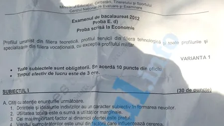 BAC 2012 SESIUNEA TOAMNĂ. SUBIECTE ECONOMIE, sesiunea a doua