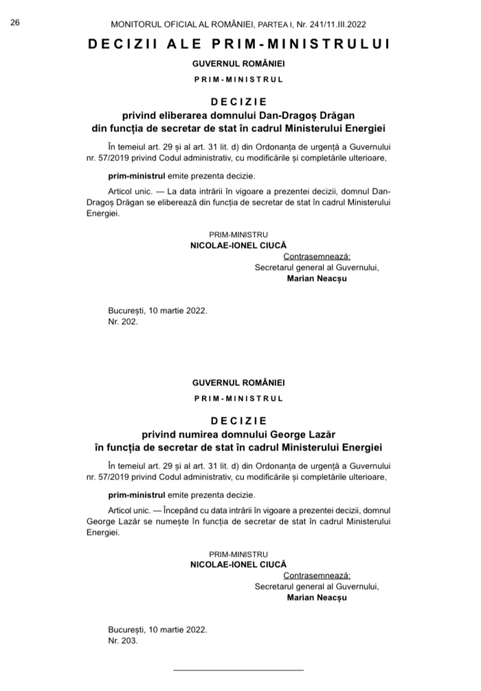 Ordin eliberare SS Drăgan, numire SS Lazăr