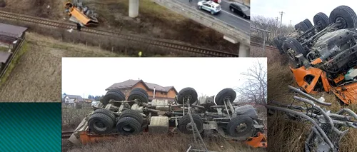 Accident cu 3 MORȚI pe Centura Avrigului, în <i class='ep-highlight'>Sibiu</i>. Un camion a căzut de pe un pod peste calea ferată, în urma impactului cu un autoturism