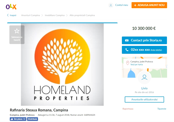 Homeland Properties vinde Rafinăria din Câmpina pe olx