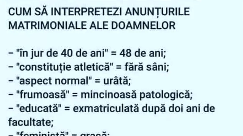 BANCUL ZILEI | Cum să interpretezi anunțurile matrimoniale ale doamnelor