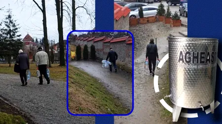 Apa ca o pradă, la Curtea de Argeş. Localnicii îşi umplu bidoanele de la izvorul mănăstirii şi merg cu ele la slujbă