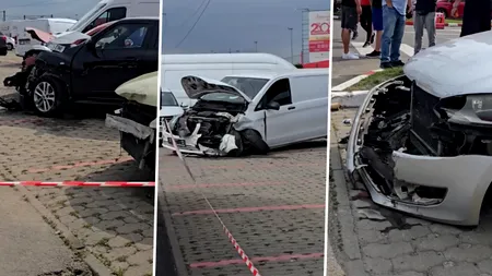 Carambol în parcarea complexului Dragonul Roșu. O șoferiță asiatică a lovit 11 mașini și a trimis doi oameni la spital
