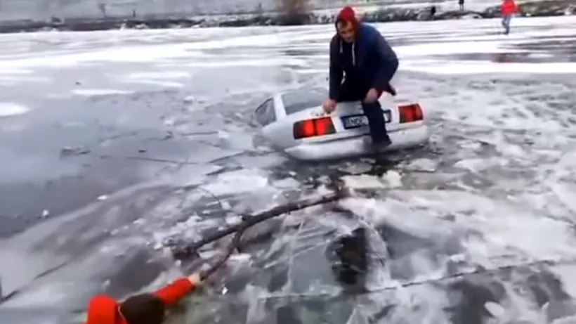 A spart gheața! Un bărbat a vrut să facă drifturi pe un lac înghețat din Republica Moldova (VIDEO)