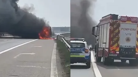 O dubă a izbucnit în FLĂCĂRI pe autostrada A3. Circulația este oprită în sensul dinspre Ploiești către București