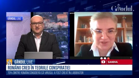 GÂNDUL LIVE. Alina Bârgăoanu, editorialist GÂNDUL.RO: „Există trei teorii conspiraționiste principale: Virusul a fost creat în laborator / Pandemia, „scuză” pentru ciparea populației / Implicarea rețelelor 5G”