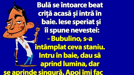 BANC | Bulă se întoarce beat criță acasă și intră în baie. Iese speriat și îi spune nevestei