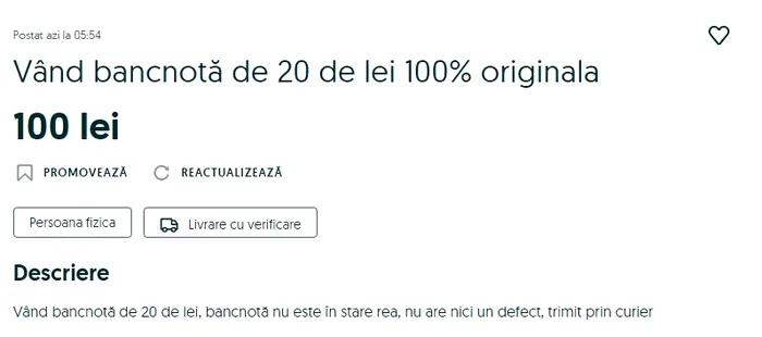 Anunțuri de vânzare a bancnotelor de 20 de lei