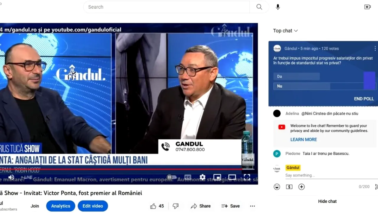 POLL Marius Tucă Show: „Ar trebui impus impozitul progresiv salariaților din privat, în funcție se standardul stat versus privat?”