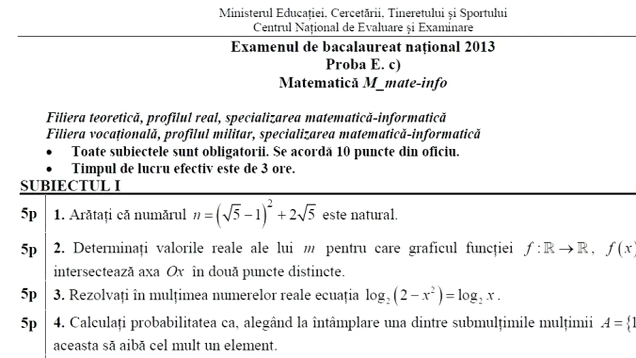 BACALAUREAT 2013. Subiecte  BAC 2013 - proba scrisă de matematică