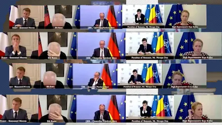 Imagini inedite din ședința „Coaliției Voinței”: liderii UE triști și fără soluții în fața inițiativei de pace a lui Trump pe Ucraina. Nicușor Dan ascultă cuminte și ia notițe din Zelenski