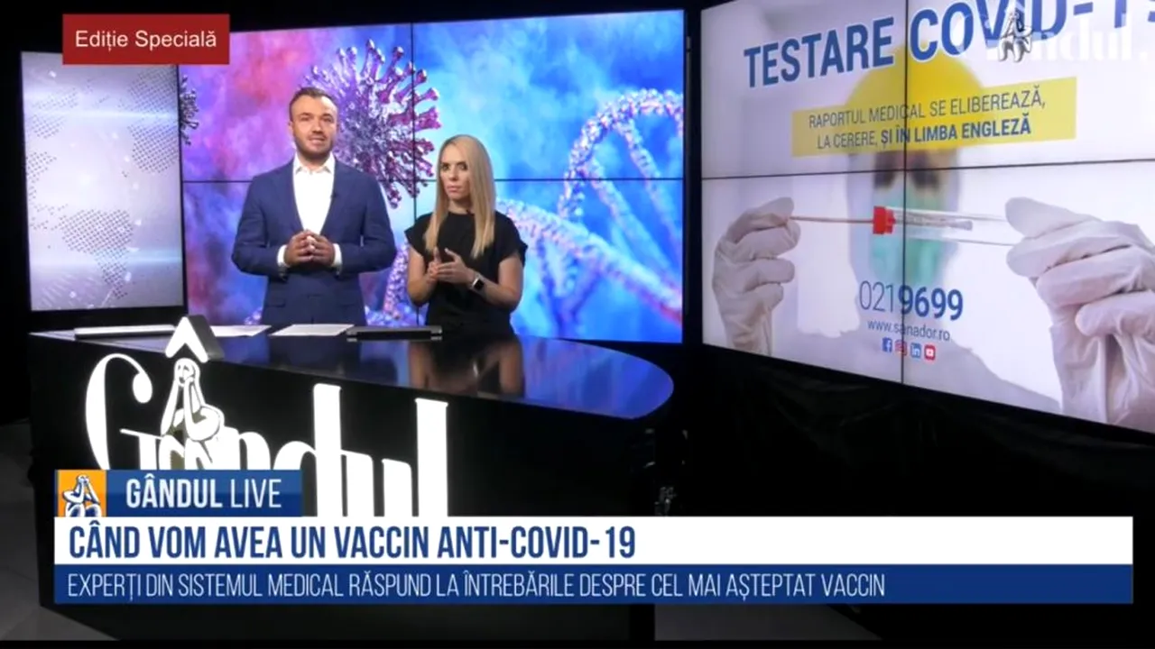 Ediție specială GÂNDUL LIVE. Miljana Grbic, Șef al Biroului OMS pentru România: „Virusul va rămâne alături de noi în perioada toamnei și a iernii” / Medicii români vorbesc despre vaccinul anticoronavirus