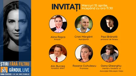 GÂNDUL LIVE | Nutriționistul Cristi Mărgărit și antrenorul de fitness Paul Brânzilă, printre invitații Emmei Zeicescu, pe 15 aprilie, de la ora 11.30