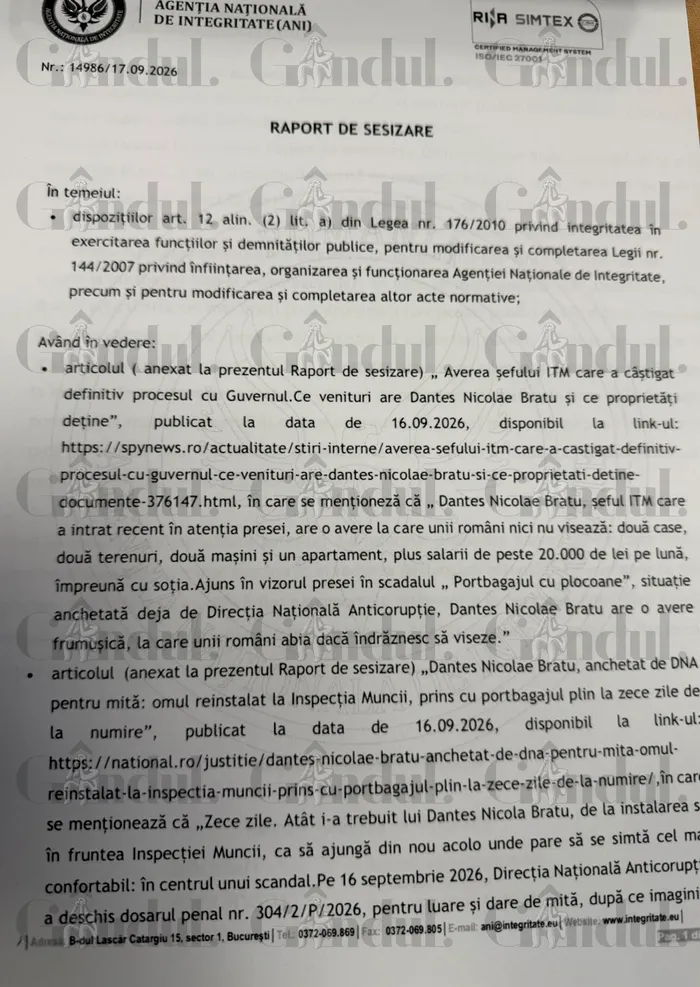 După procurorii anticorupție, s-a sesizat și Agenția Națională de Integritate în cazul șefului Inspecției Muncii, Dantes Bratu, filmat când ar fi primit atenții la portbagaj. Ce scrie în raportul de sesizare