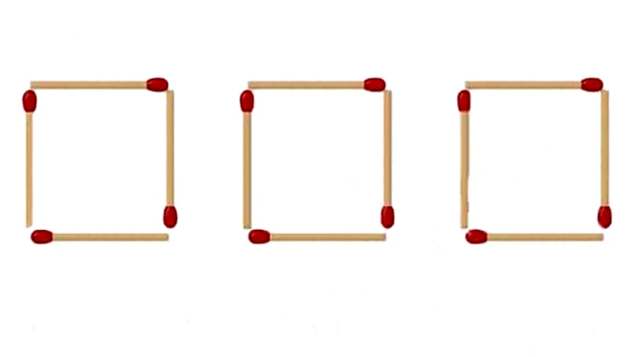 Test de inteligență | Mutați doar 2 bețe, astfel încăt să transformați cele 3 pătrate în ora 4:30