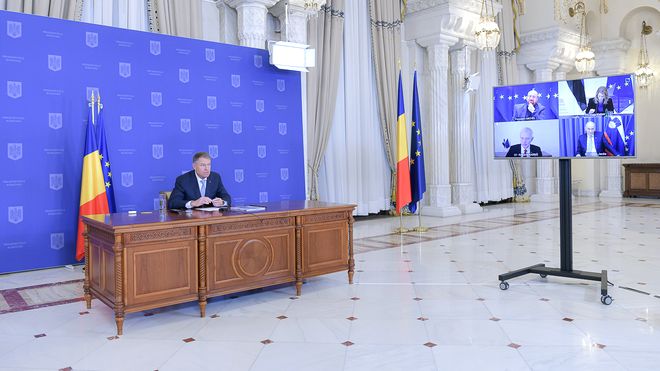 Klaus Iohannis, în videoconferință cu președintele Consiliului European, Charles Michel. și lideri europeni / Sursa: Administrația Prezidențială