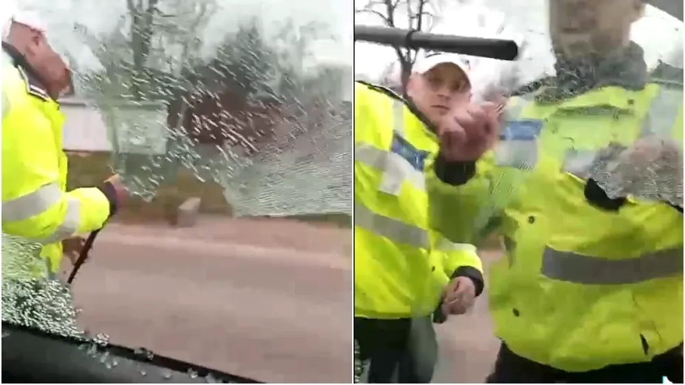 Imagini cu momentul în care Poliția îi sparge geamul mașinii unui șofer care nu a vrut să coboare din autovehicul
