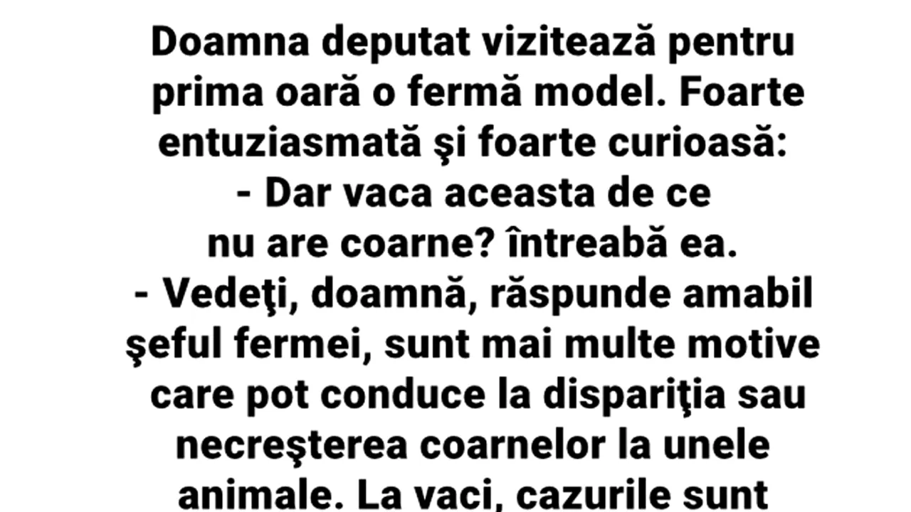 Bancul de vineri | Doamna deputat vizitează pentru prima oară o fermă: 
