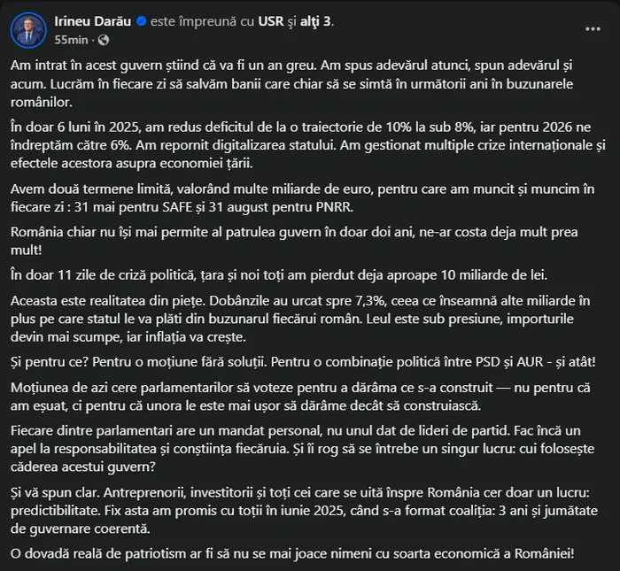 Ministrul USR al Economiei, Irineu Darău, declarații alarmiste înainte de moțiune: 