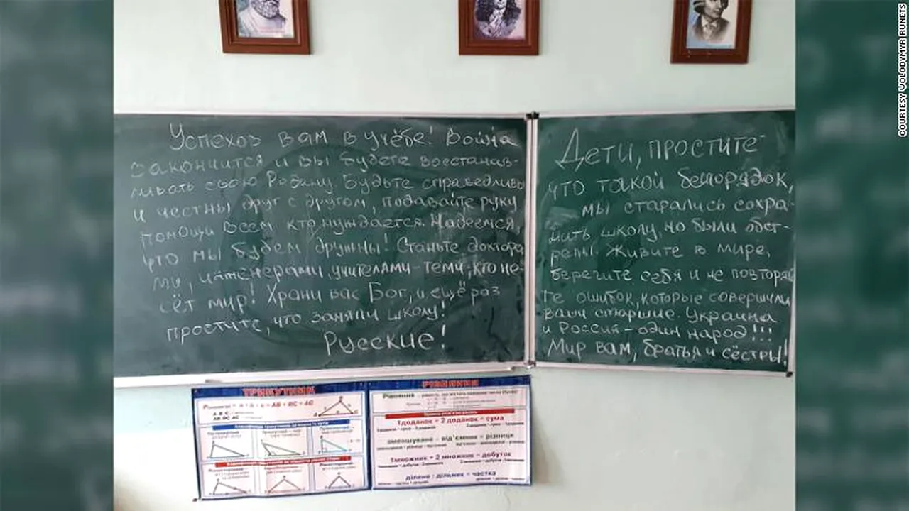 Mesaj din partea soldaților ruși pentru copiii ucraineni, după ce le-au distrus școala: „Trăiți în pace, aveți grijă de voi și nu repetați greșelile făcute de înaintașii voștri!”