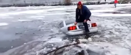 A spart gheața! Un bărbat a vrut să facă drifturi pe un lac înghețat din Republica Moldova (VIDEO)