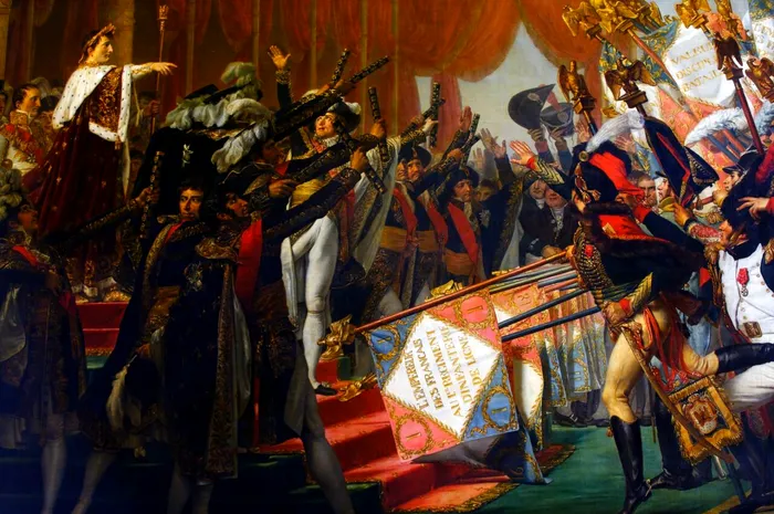 Trupele imperiale îl salută pe împăratul Napoleon Bonaparte, 5 decembrie 1805 - pictură de Jaques-Louis David. 
