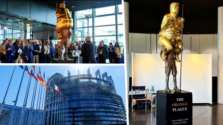 Statuie aurie de 2,6 metri, care îl înfățișează pe Donald Trump dezbrăcat, expusă la Parlamentul European