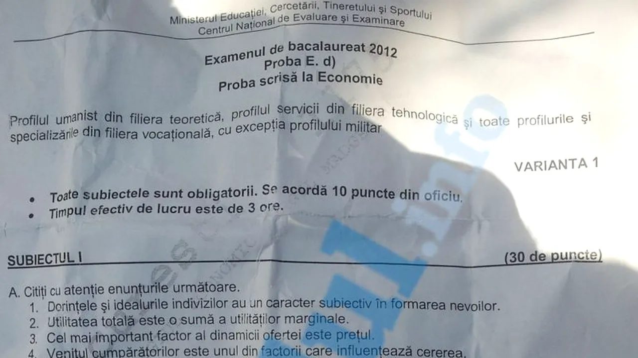 BAC 2012 SESIUNEA TOAMNĂ. SUBIECTE ECONOMIE, sesiunea a doua