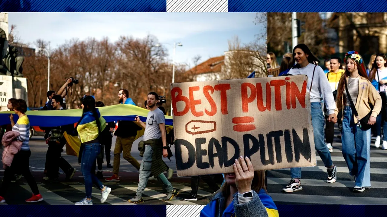 Marș de furie pentru Moscova și Putin și recunoștință pentru eroii Ucrainei, la București. „Rusia, stat terorist”, „Slava Ucraina”