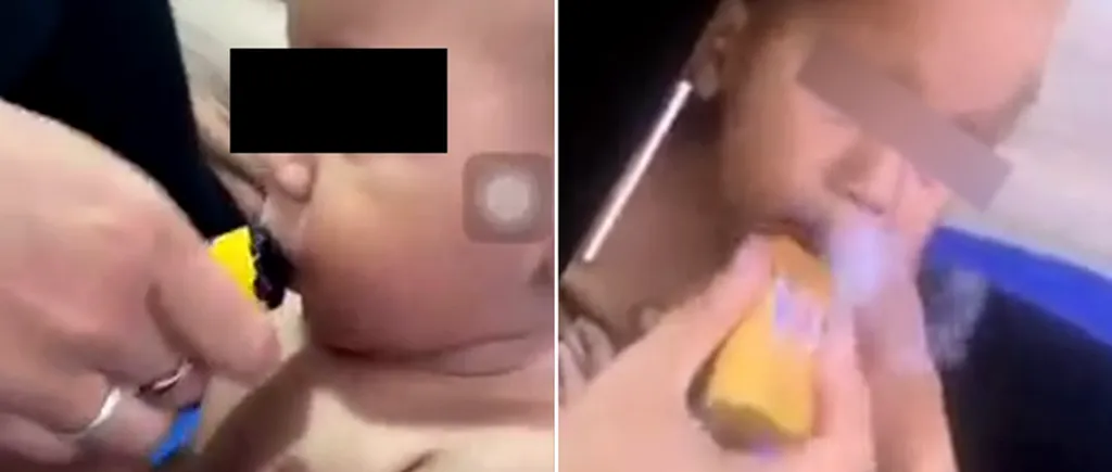 Imagini dezgustătoare! Bebeluș de 11 luni, filmat în timp ce era pus să „fumeze” o ȚIGARĂ electronică: ”Maturizează-te și fii o mamă mai bună”