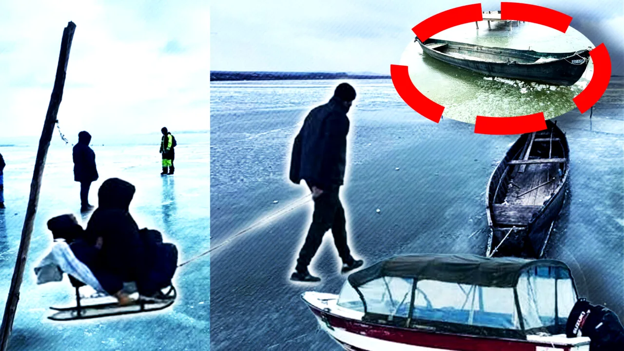 Spectacolul iernii în Dobrogea. Bărci prinse în gheață pe lacul Razelm