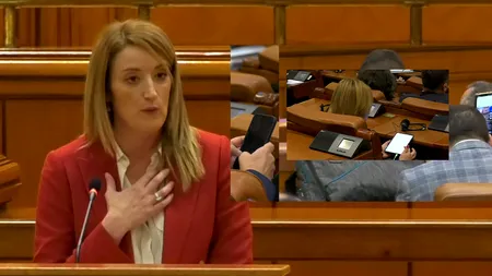 EXCLUSIV VIDEO | Ce nu s-a văzut din Parlament în timp ce Roberta Metsola transmitea mesajul de susținere a aderării României la Schengen și apelul ”Nu renunțați la Europa, nu renunțați la noi!” 