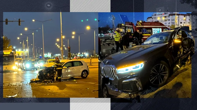 Accident spectaculos în Băneasa, București. Șoferul fără centură al unui BMW a confundat CULOAREA SEMAFORULUI. El a fost singura victimă